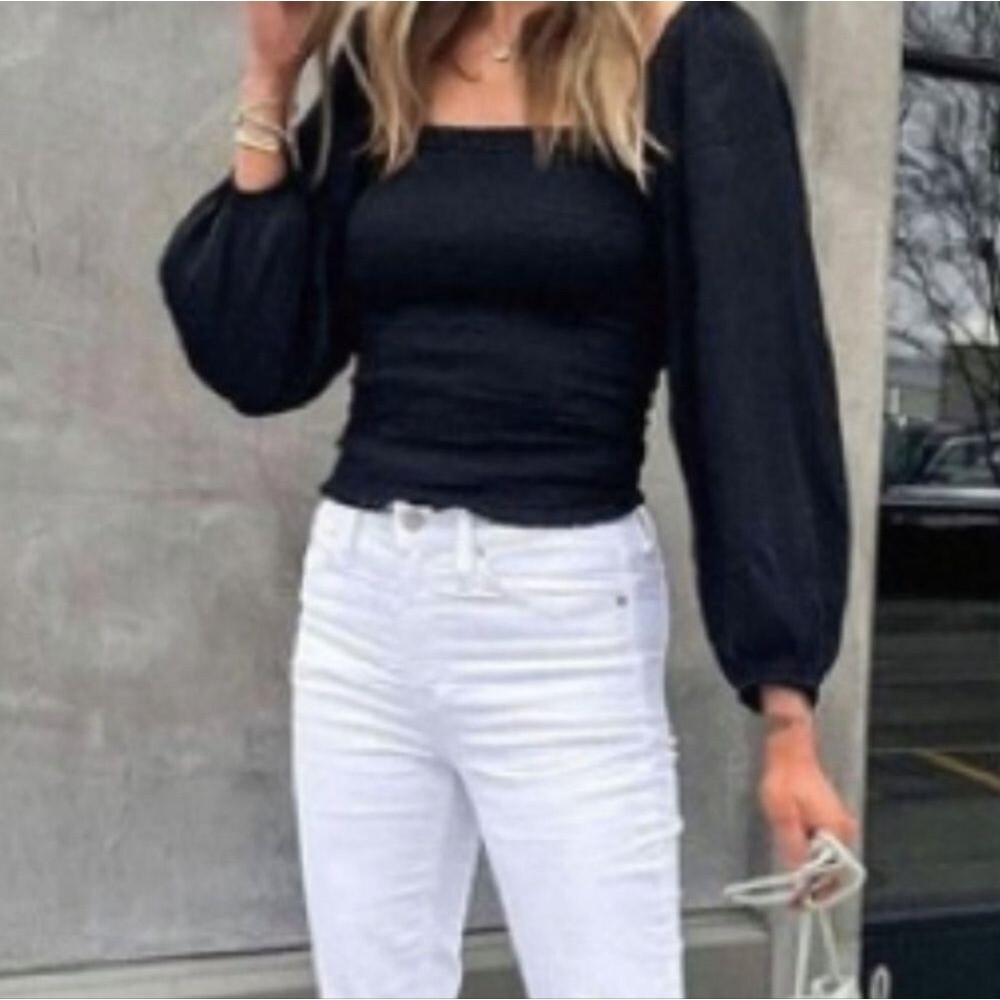 J. Crew Squareneck smocked featherweight satin cropped top in Black